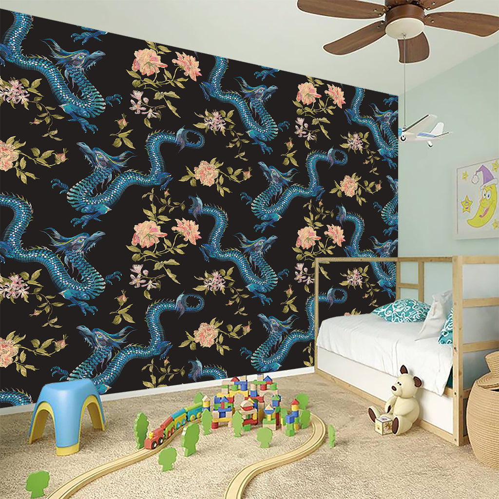 Chinese Dragon And Flower Pattern Print Wall Sticker