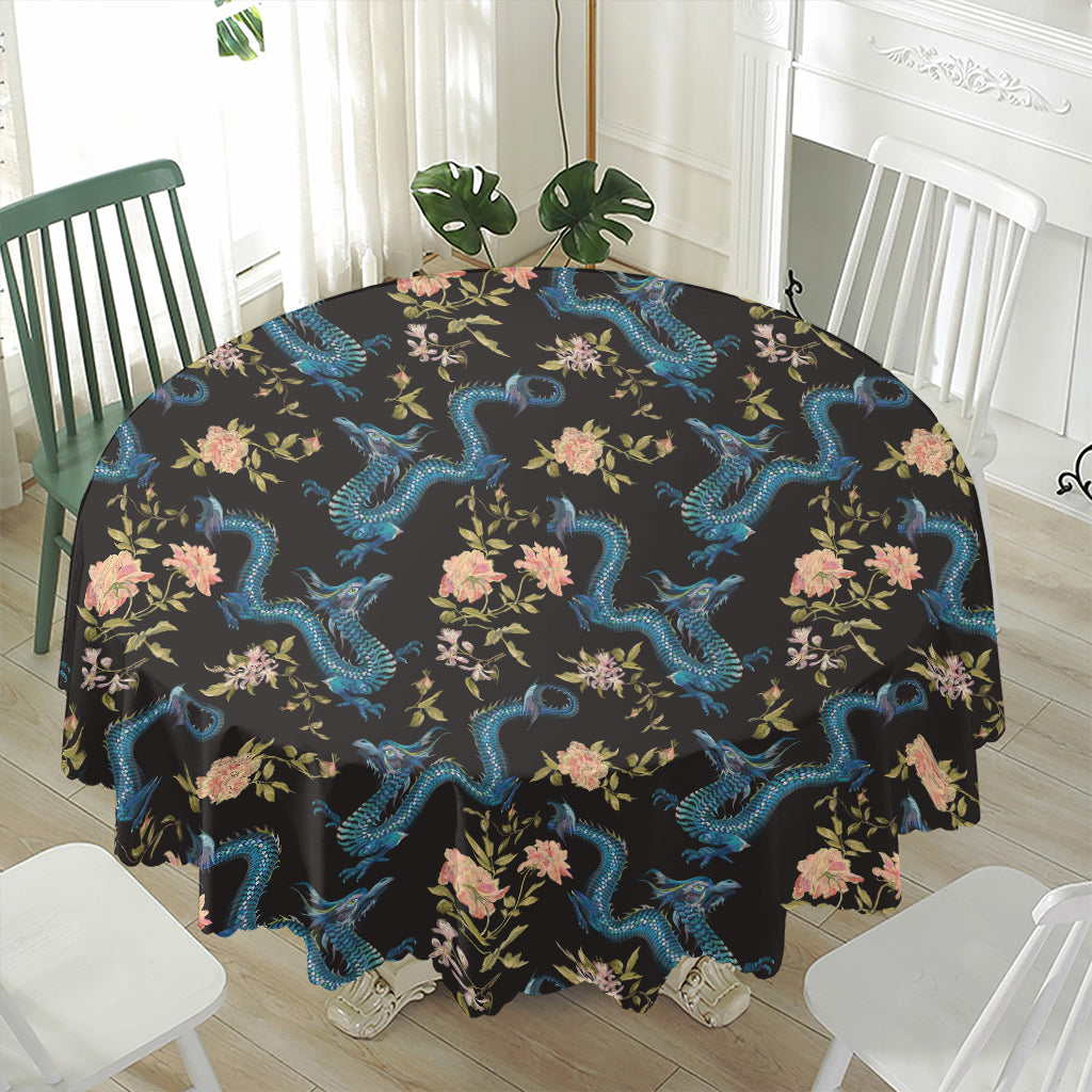 Chinese Dragon And Flower Pattern Print Waterproof Round Tablecloth