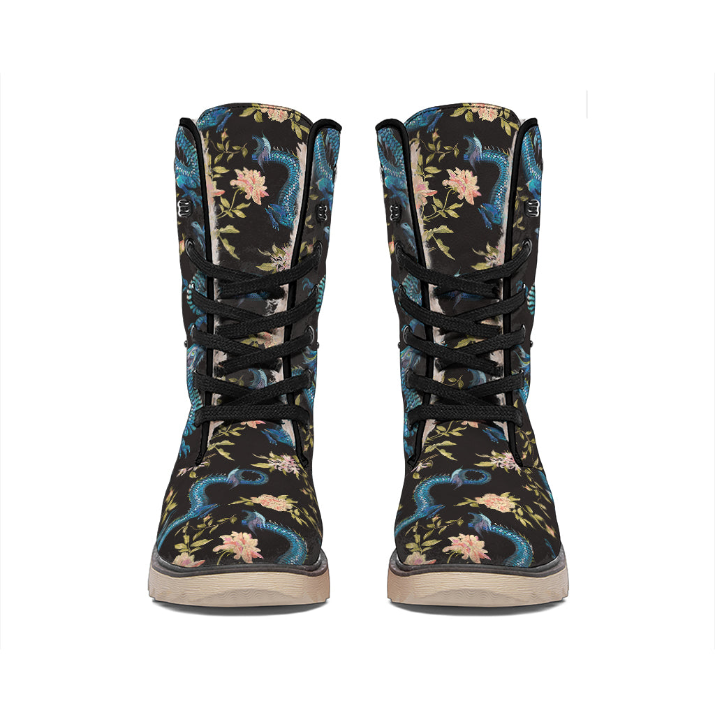 Chinese Dragon And Flower Pattern Print Winter Boots