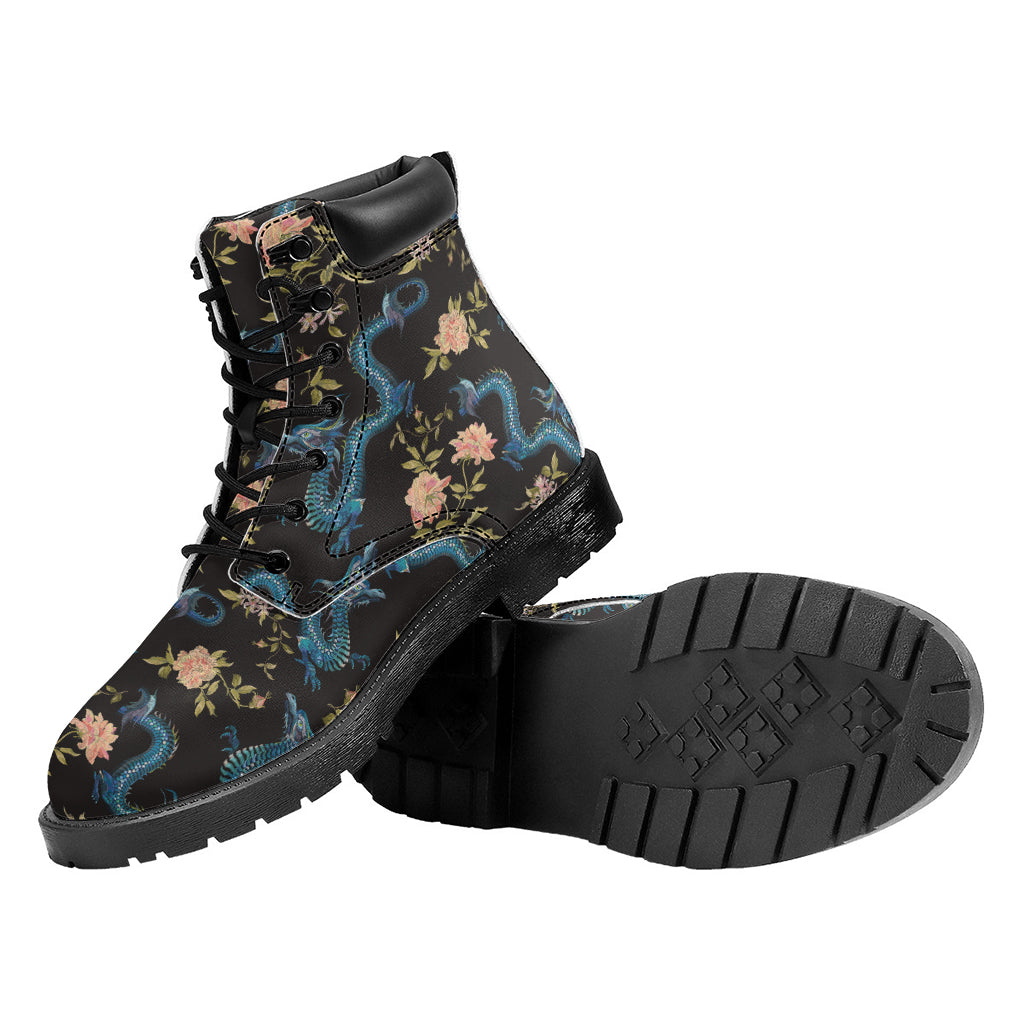 Chinese Dragon And Flower Pattern Print Work Boots