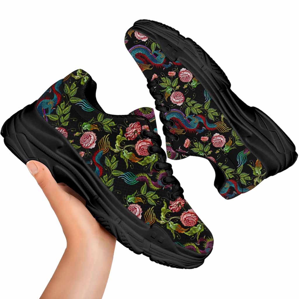 Chinese Dragon Flower Pattern Print Black Chunky Shoes