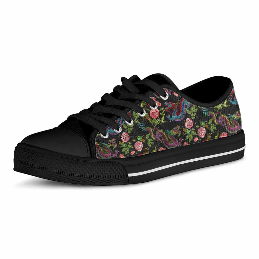 Chinese Dragon Flower Pattern Print Black Low Top Sneakers