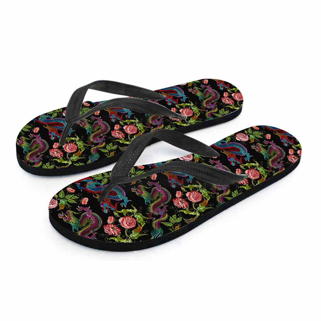 Chinese Dragon Flower Pattern Print Flip Flops