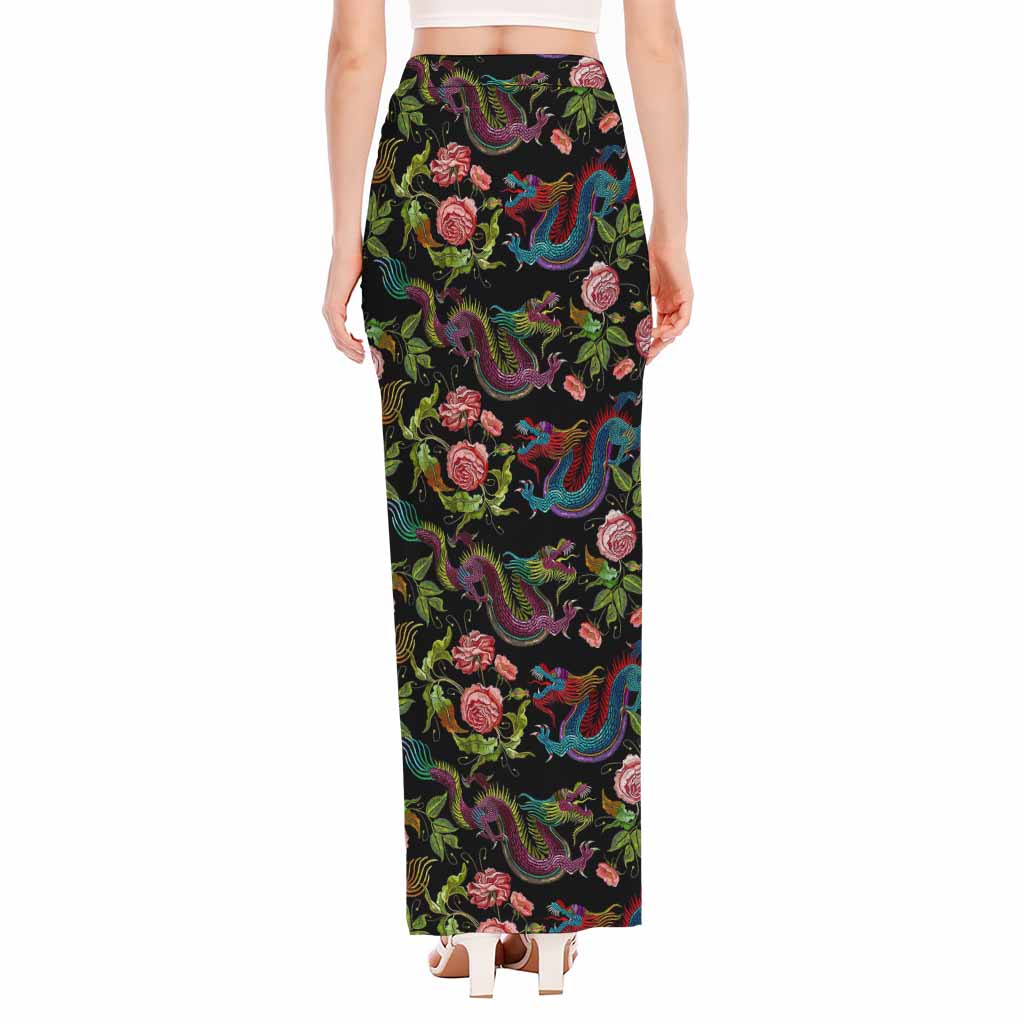 Chinese Dragon Flower Pattern Print High Slit Maxi Skirt