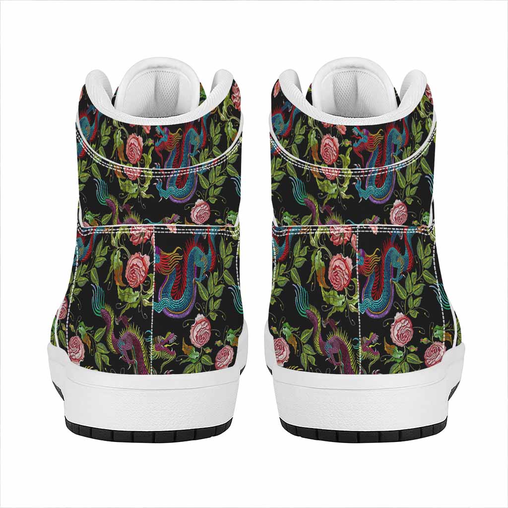 Chinese Dragon Flower Pattern Print High Top Leather Sneakers