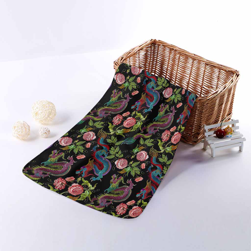 Chinese Dragon Flower Pattern Print Towel