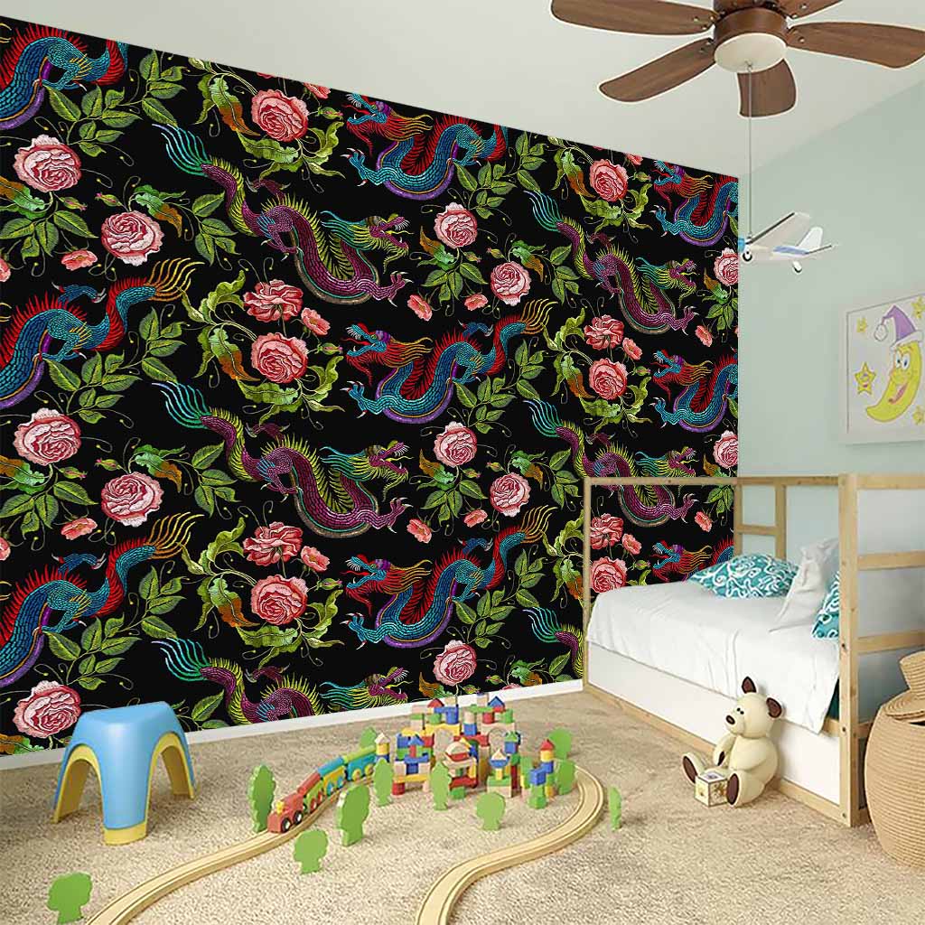 Chinese Dragon Flower Pattern Print Wall Sticker