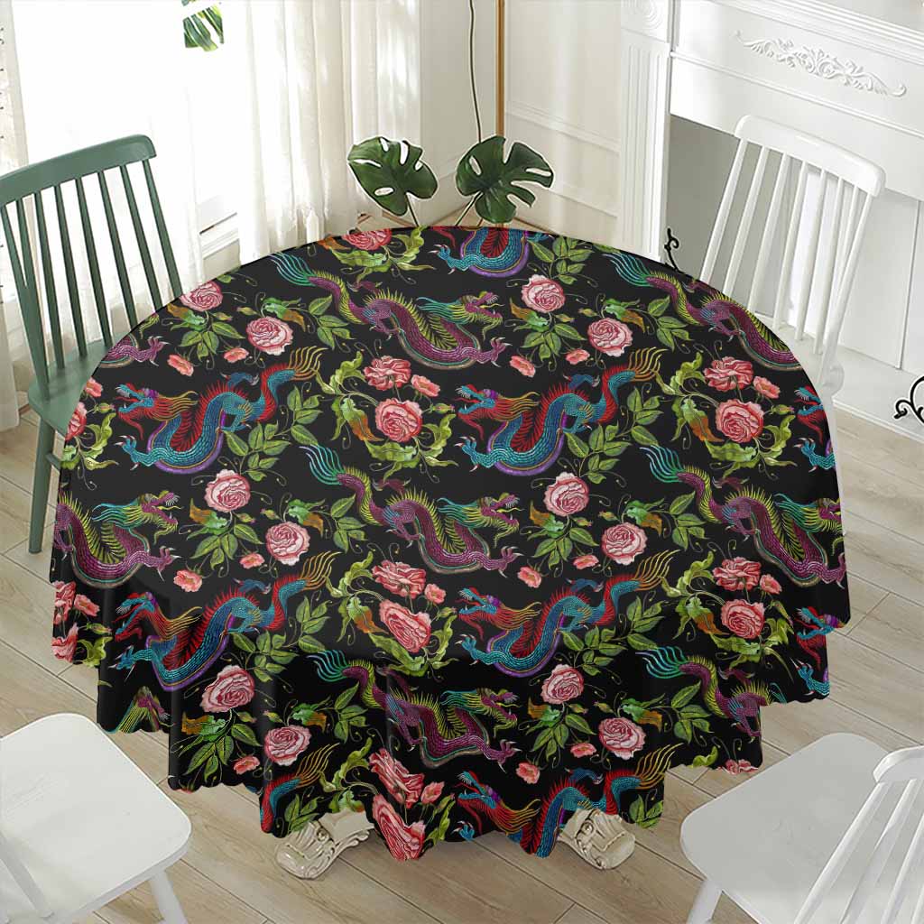 Chinese Dragon Flower Pattern Print Waterproof Round Tablecloth