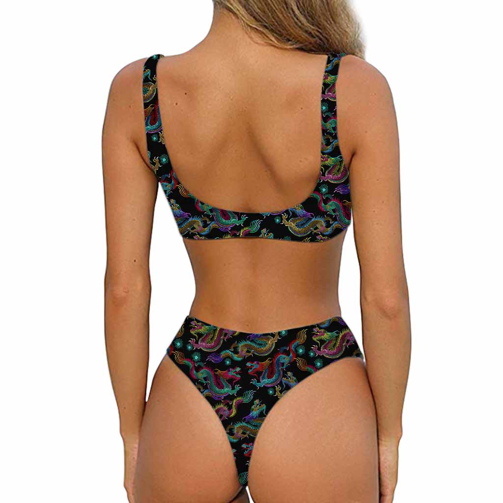 Chinese Dragon Pattern Print Front Bow Tie Bikini