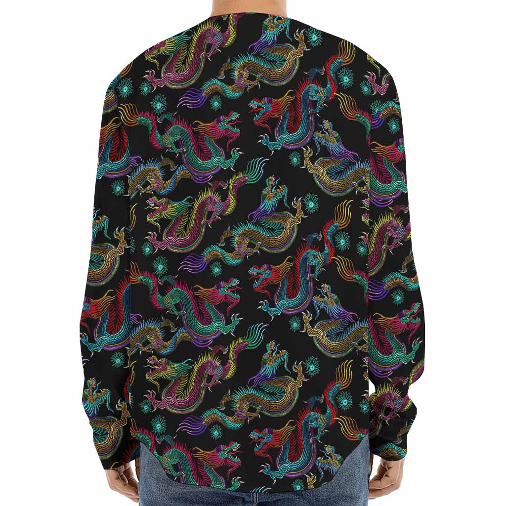 Chinese Dragon Pattern Print Long Sleeve Baseball Jersey