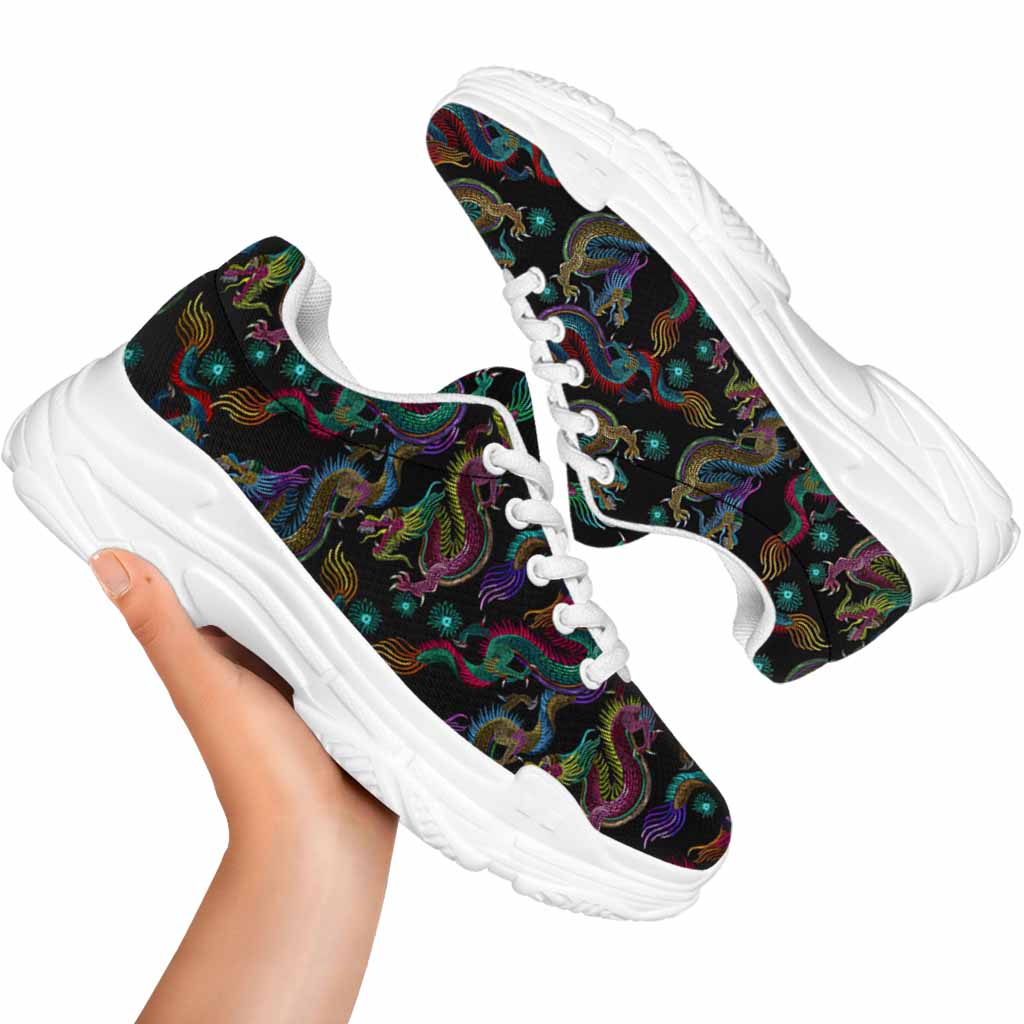Chinese Dragon Pattern Print White Chunky Shoes