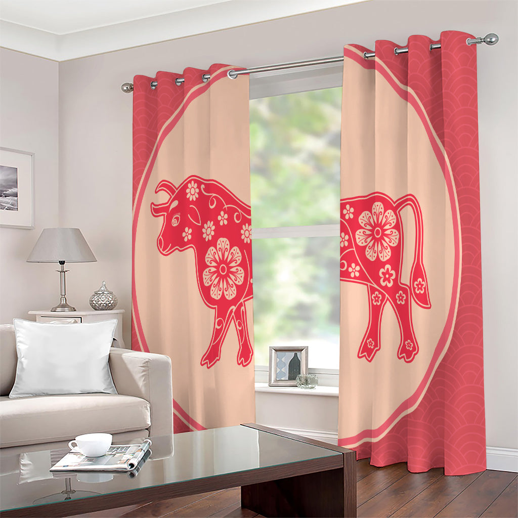 Chinese Flower Ox Zodiac Print Extra Wide Grommet Curtains