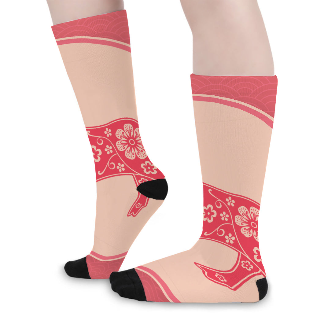 Chinese Flower Ox Zodiac Print Long Socks