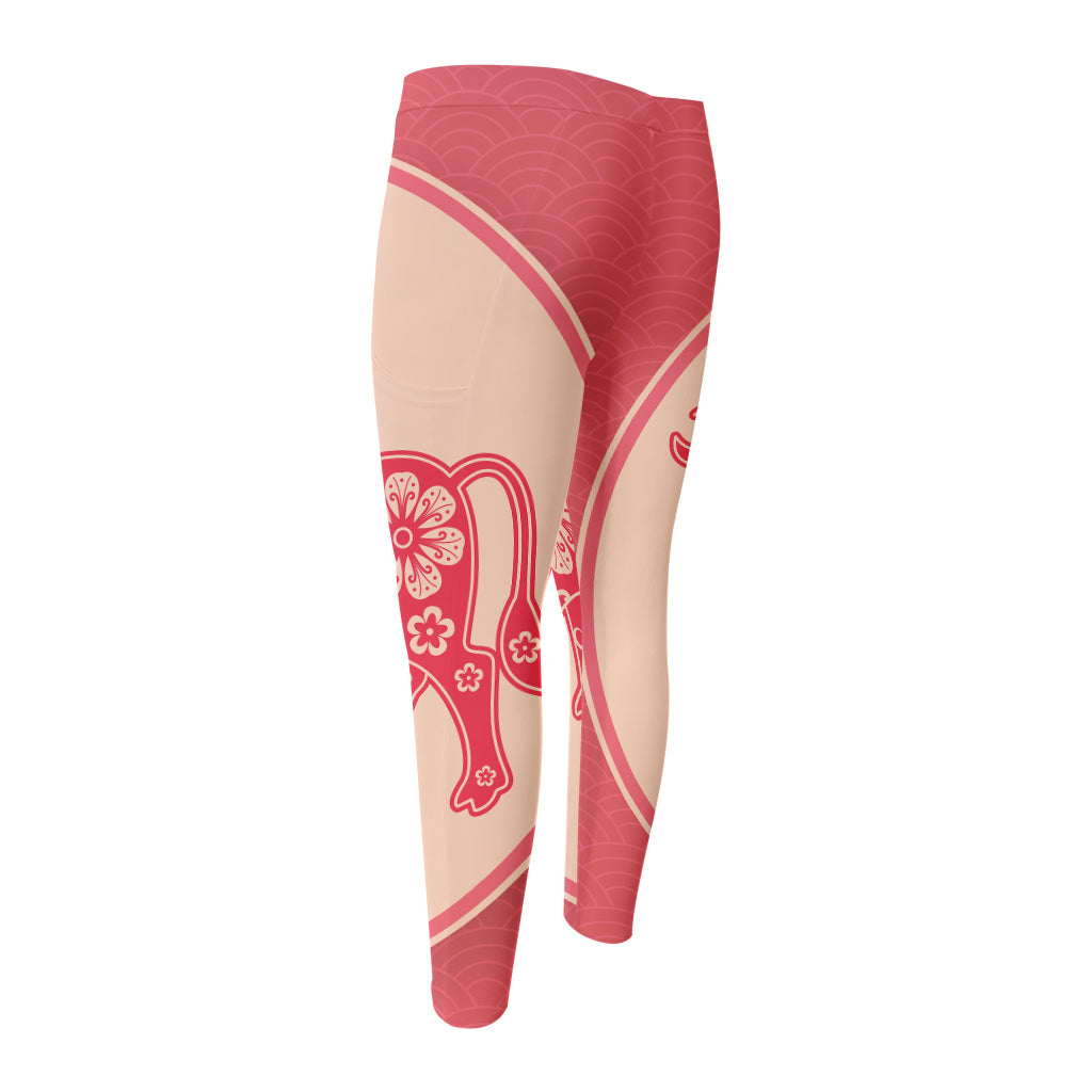 Chinese Flower Ox Zodiac Print Men's Compression Pants