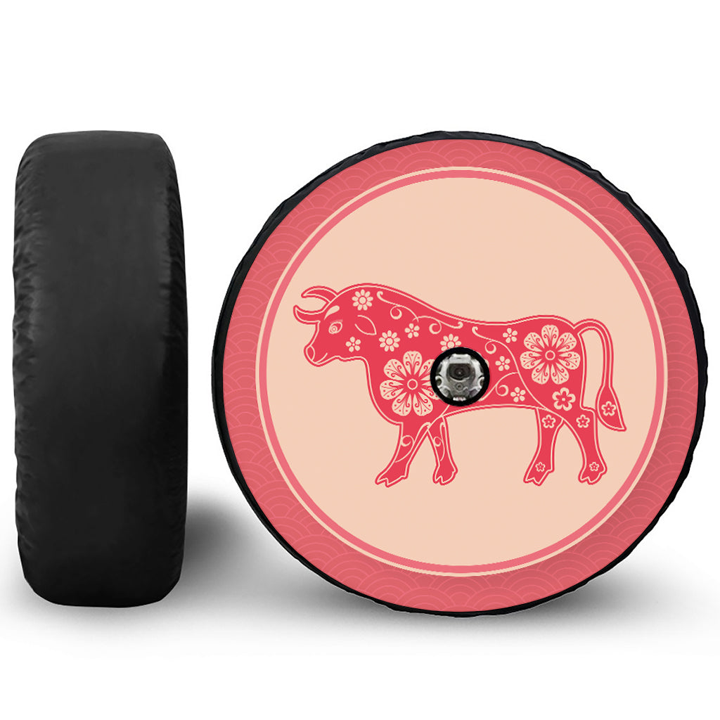Chinese Flower Ox Zodiac Print Tire Cover With Camera Hole