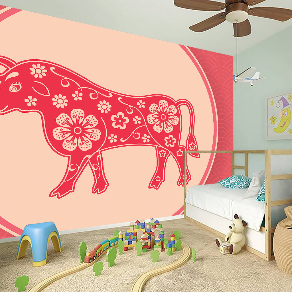 Chinese Flower Ox Zodiac Print Wall Sticker