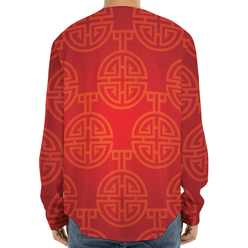 Chinese Lu Symbol Pattern Print Long Sleeve Baseball Jersey