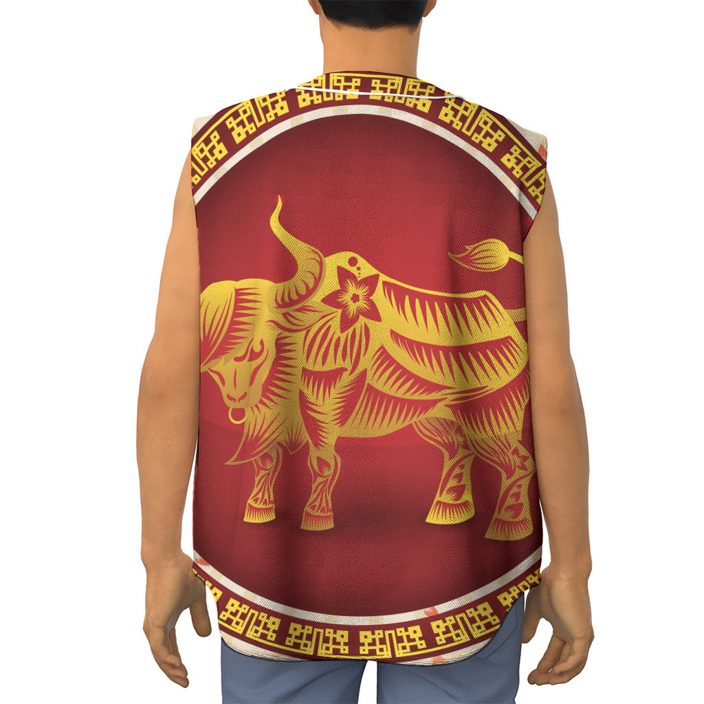 Chinese Ox Zodiac Sign Print Sleeveless Baseball Jersey