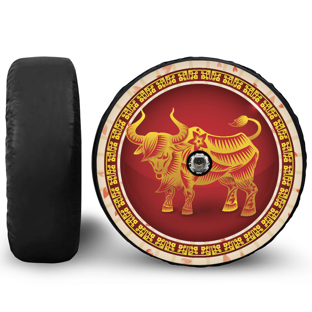 Chinese Ox Zodiac Sign Print Tire Cover With Camera Hole