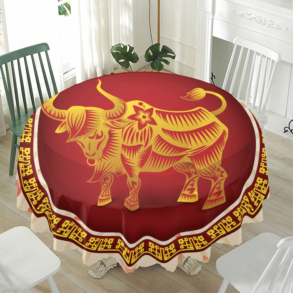 Chinese Ox Zodiac Sign Print Waterproof Round Tablecloth