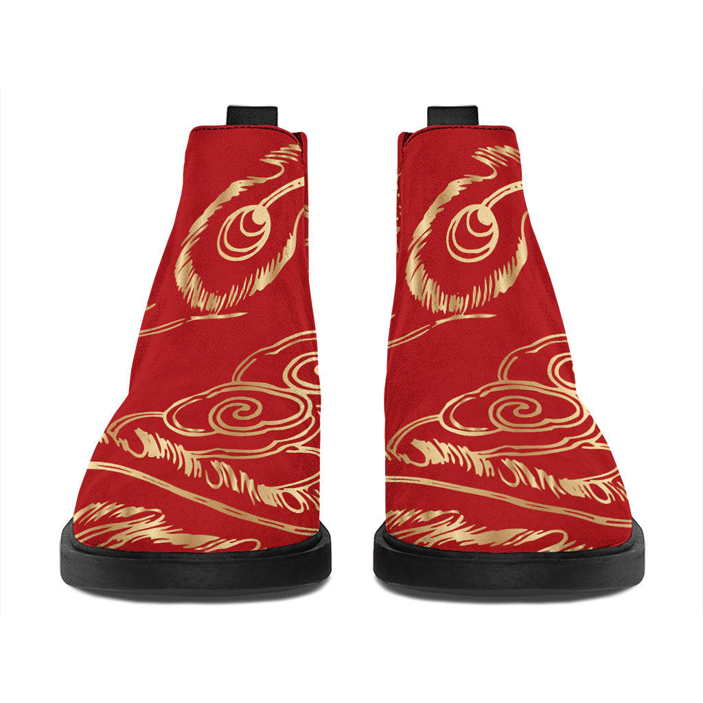 Chinese Phoenix Print Flat Ankle Boots