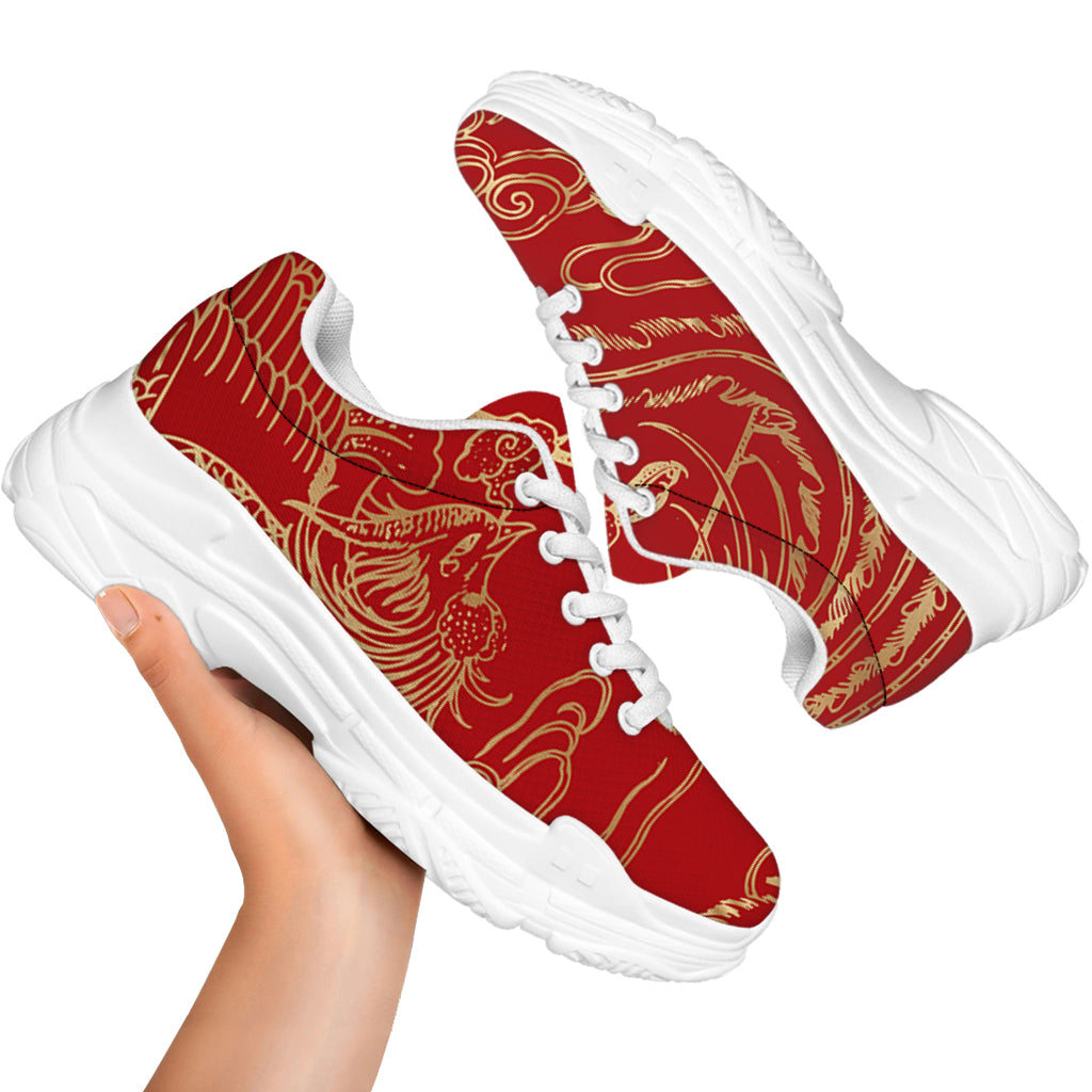 Chinese Phoenix Print White Chunky Shoes