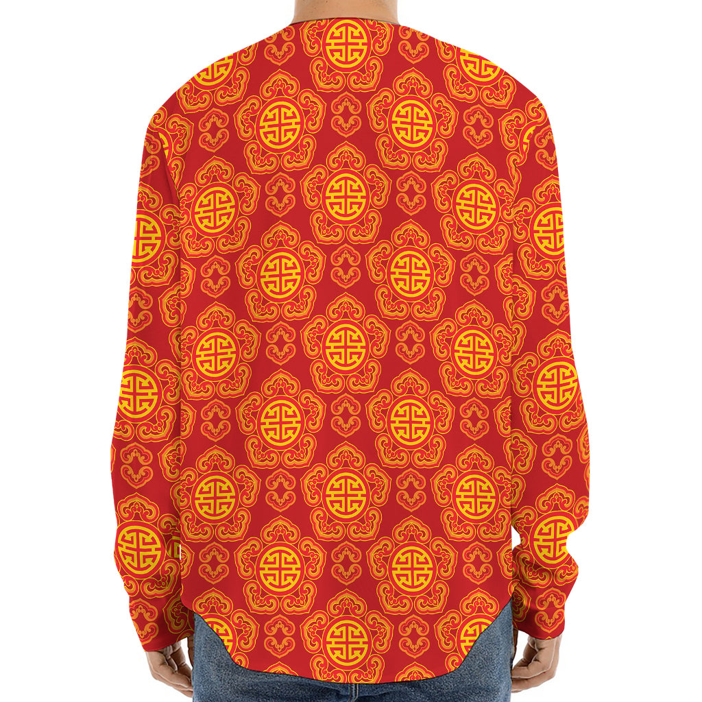 Chinese Prosperity Symbol Pattern Print Long Sleeve Baseball Jersey