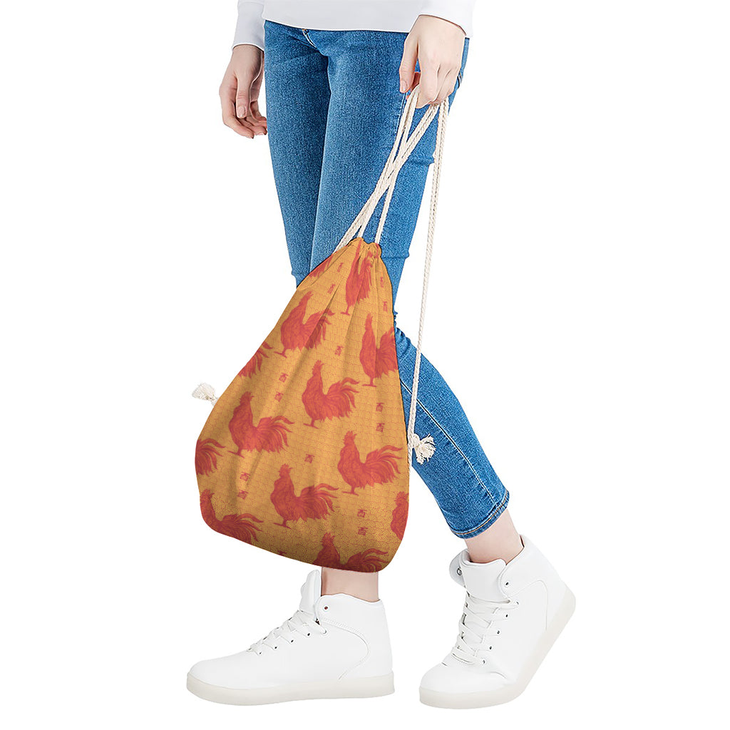Chinese Rooster Pattern Print Drawstring Bag