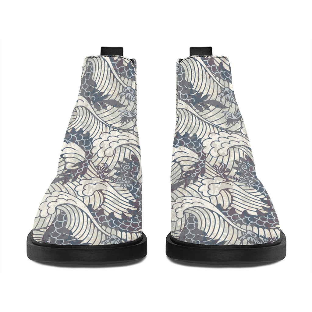 Chinese Sea Dragon Pattern Print Flat Ankle Boots
