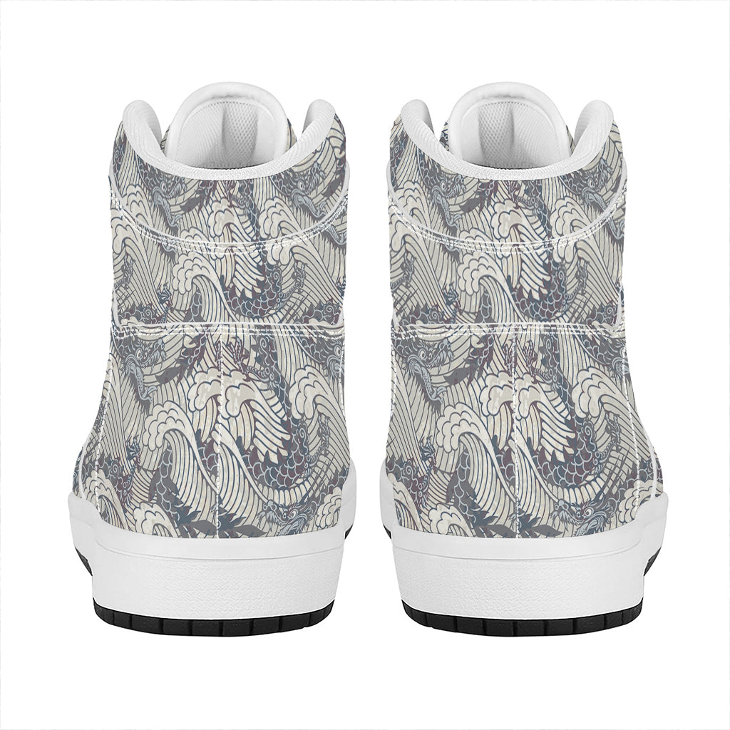 Chinese Sea Dragon Pattern Print High Top Leather Sneakers