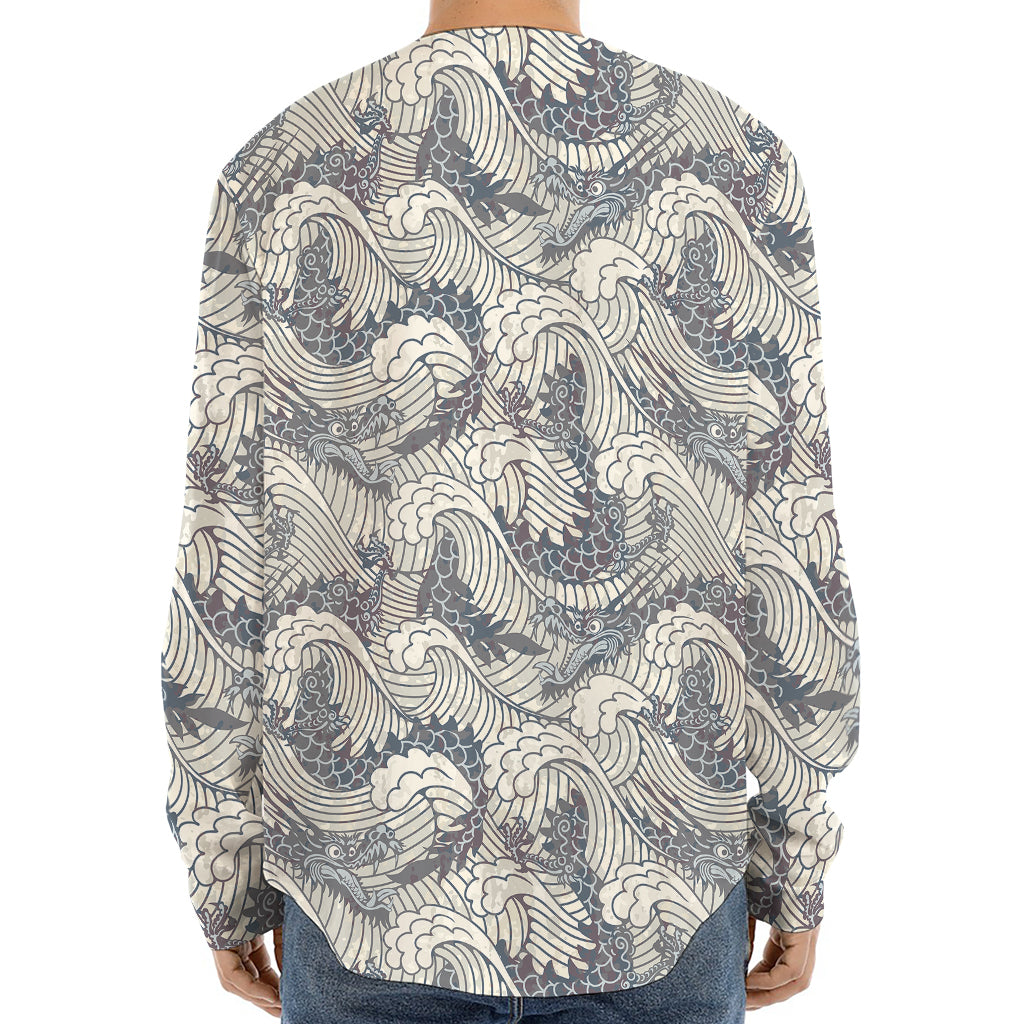 Chinese Sea Dragon Pattern Print Long Sleeve Baseball Jersey