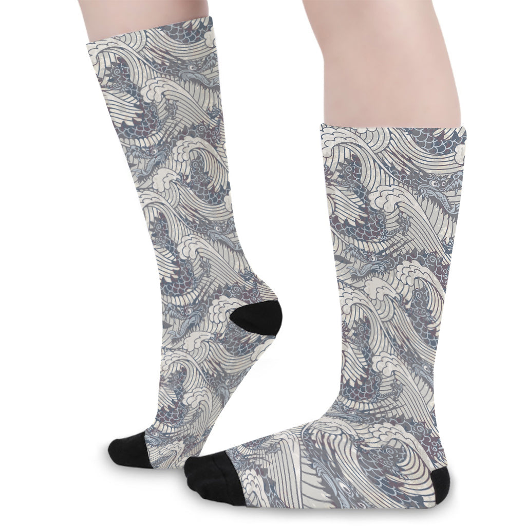 Chinese Sea Dragon Pattern Print Long Socks