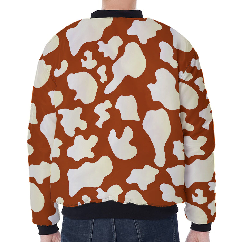 Chocolate And Milk Cow Print Zip Sleeve Bomber Jacket