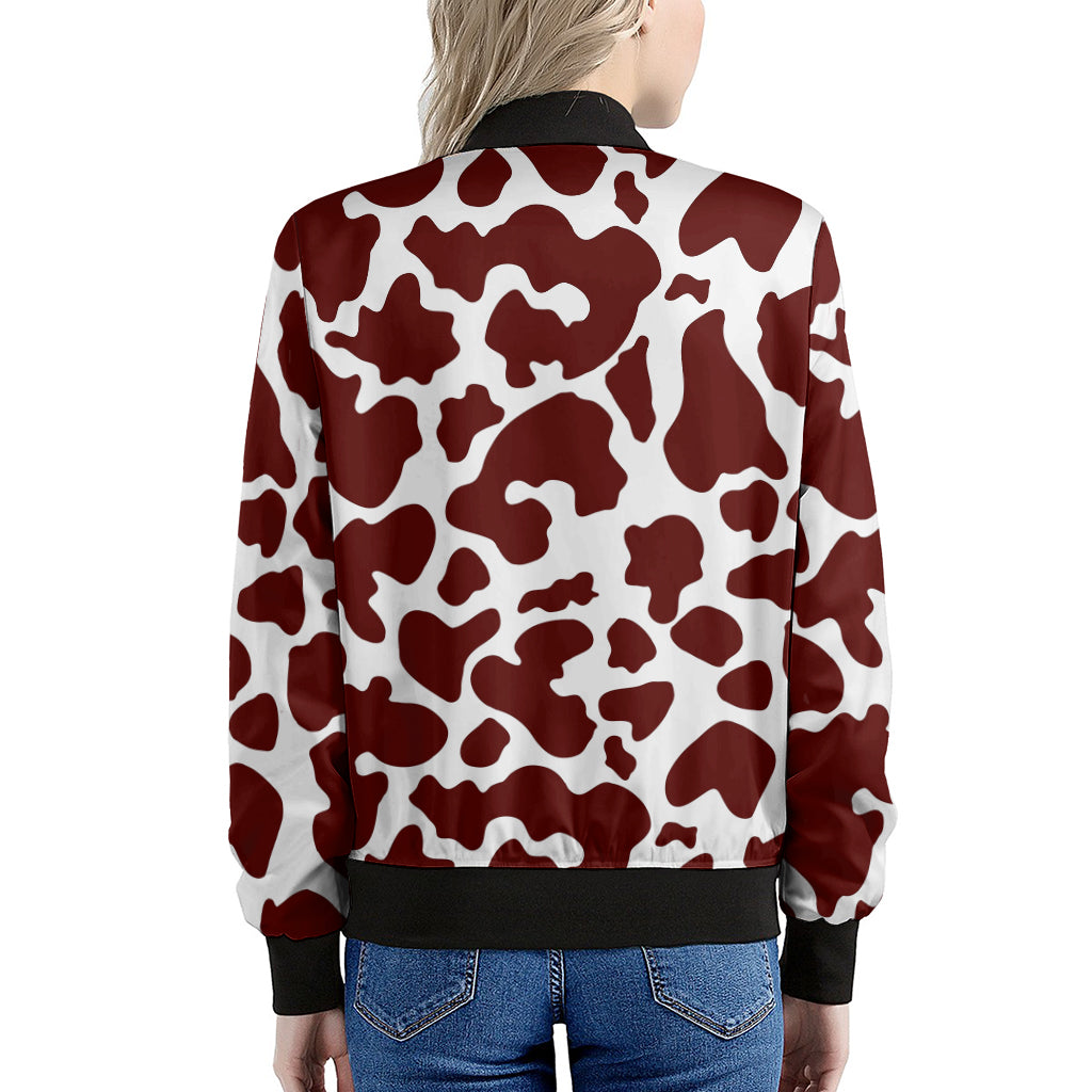 Chocolate Brown And White Cow Print Women's Bomber Jacket
