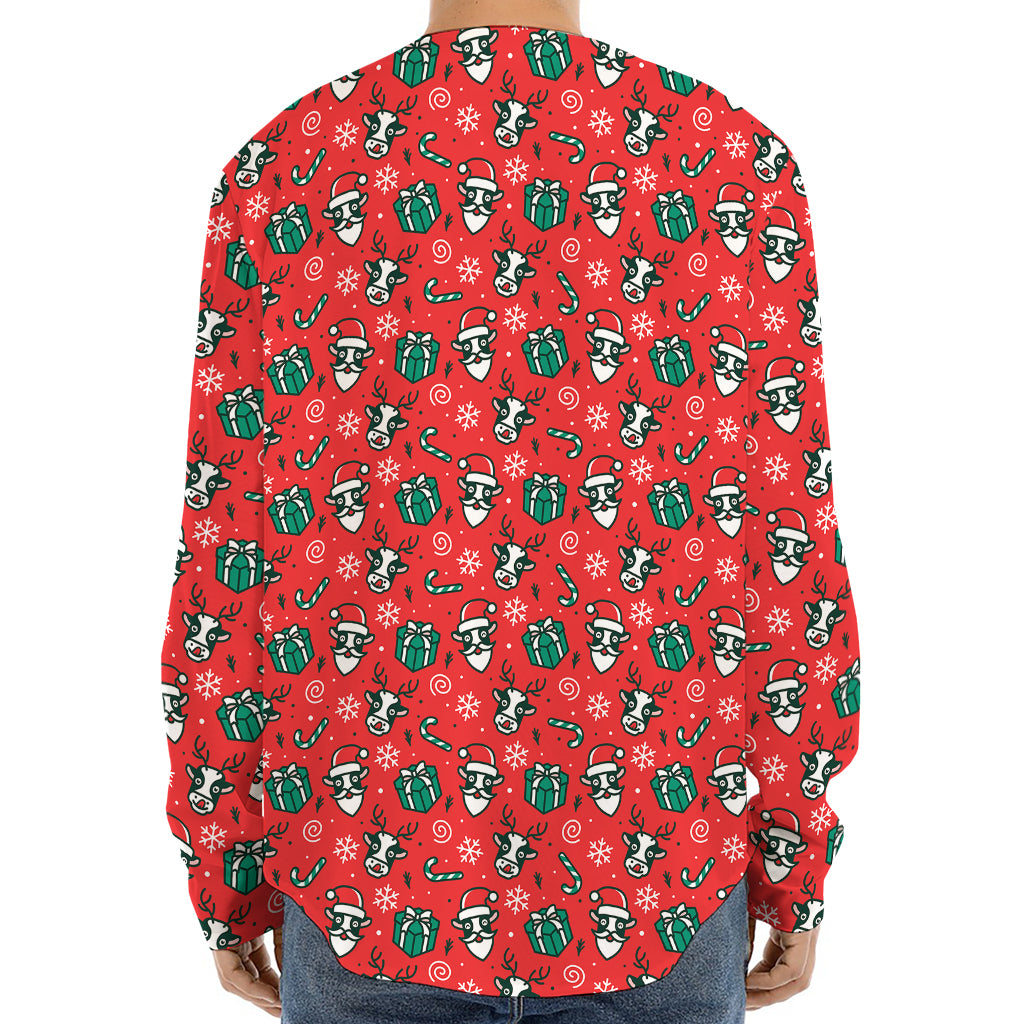 Christmas Cow Pattern Print Long Sleeve Baseball Jersey