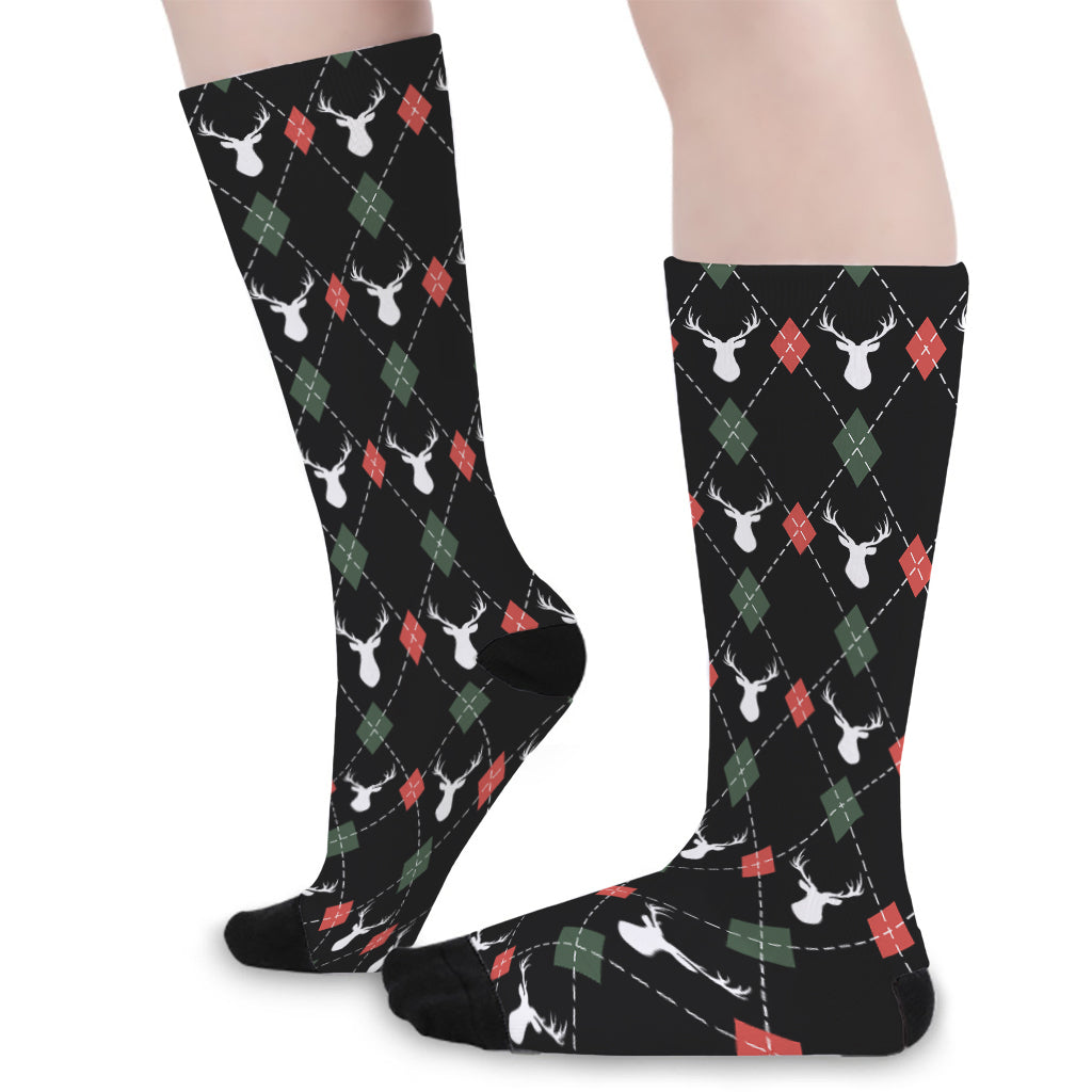 Christmas Deer Argyle Pattern Print Long Socks
