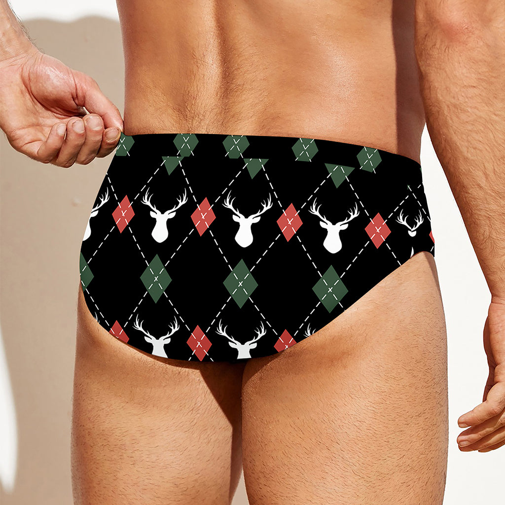 Christmas Deer Argyle Pattern Print Men's Swim Briefs