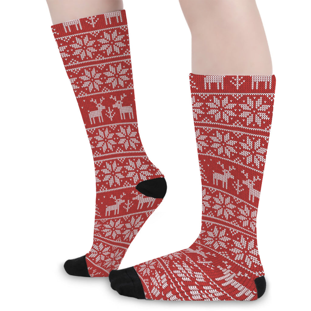 Christmas Deer Knitted Pattern Print Long Socks