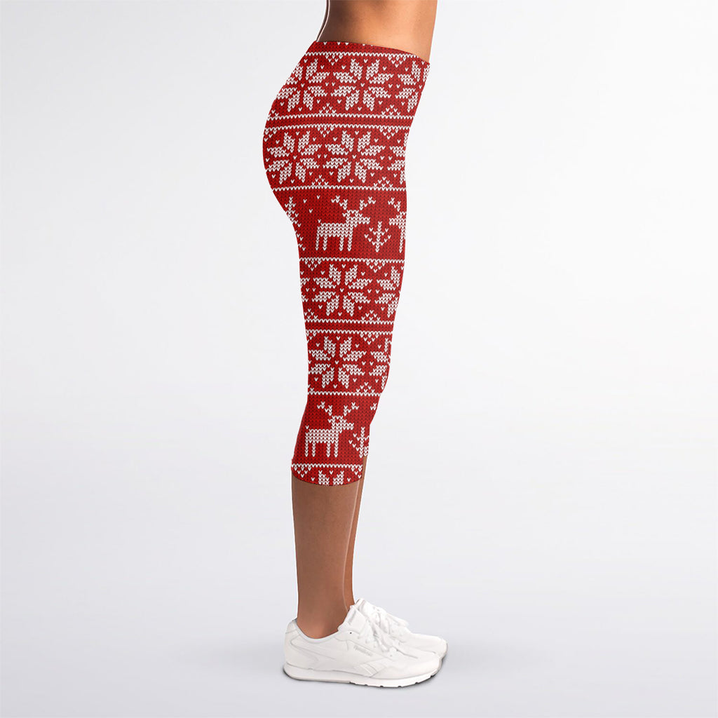 Christmas Deer Knitted Pattern Print Women's Capri Leggings