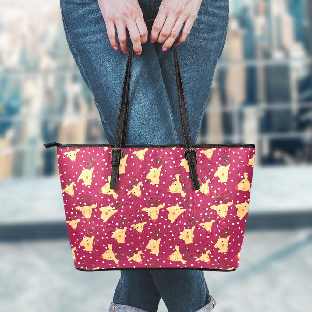 Christmas Deer Pattern Print Leather Tote Bag