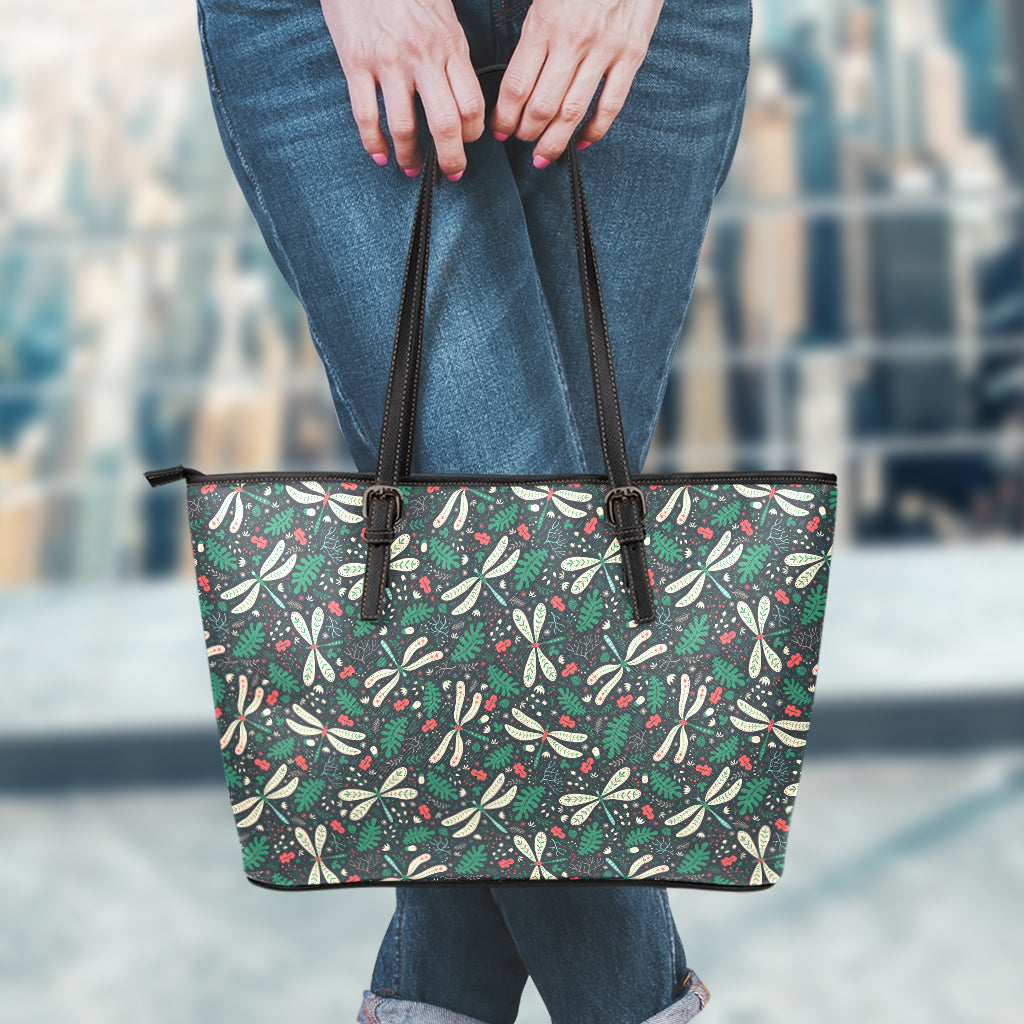 Christmas Floral Dragonfly Pattern Print Leather Tote Bag