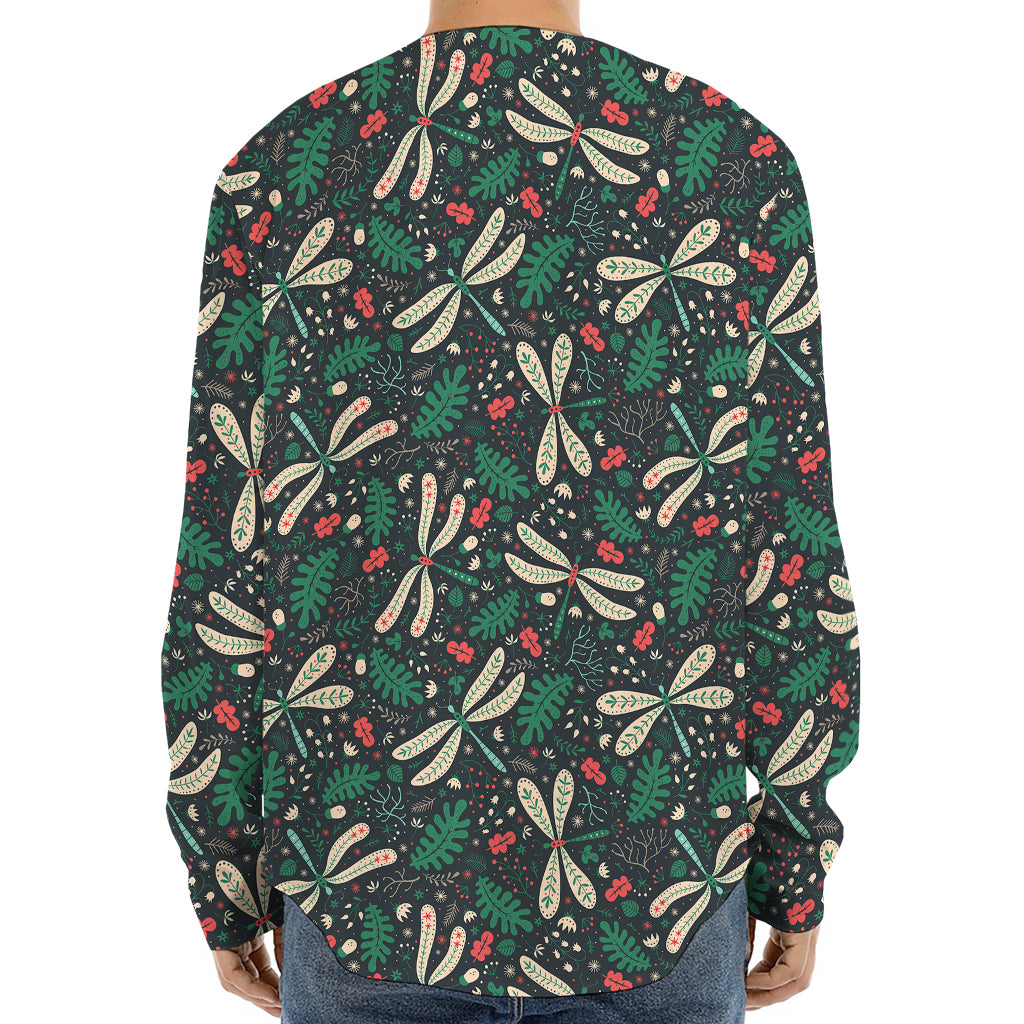 Christmas Floral Dragonfly Pattern Print Long Sleeve Baseball Jersey