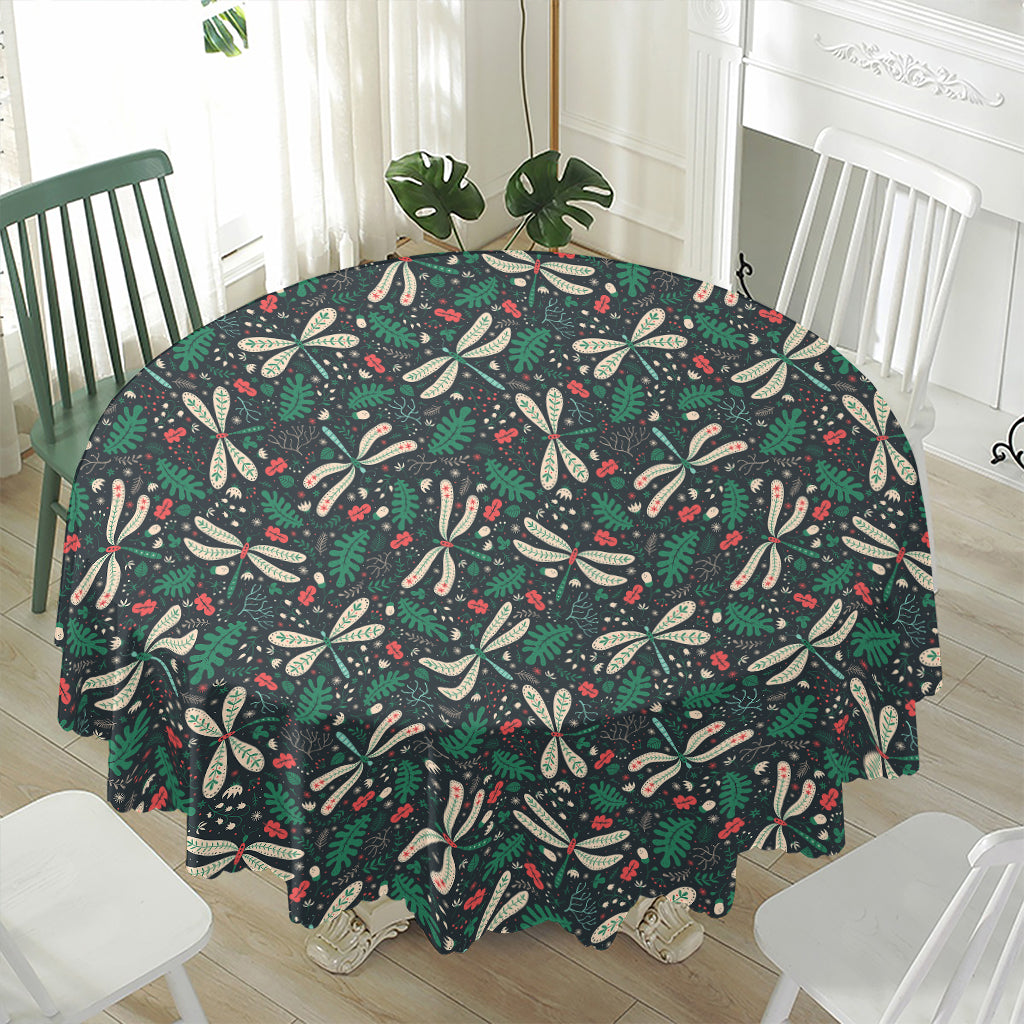 Christmas Floral Dragonfly Pattern Print Waterproof Round Tablecloth