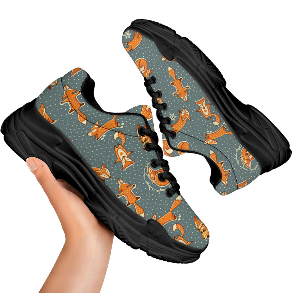 Christmas Fox Pattern Print Black Chunky Shoes