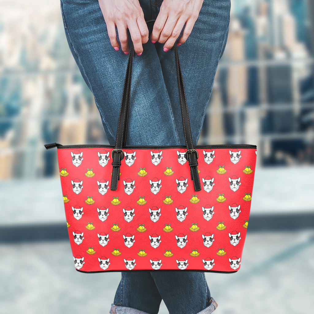 Christmas French Bulldog Santa Print Leather Tote Bag