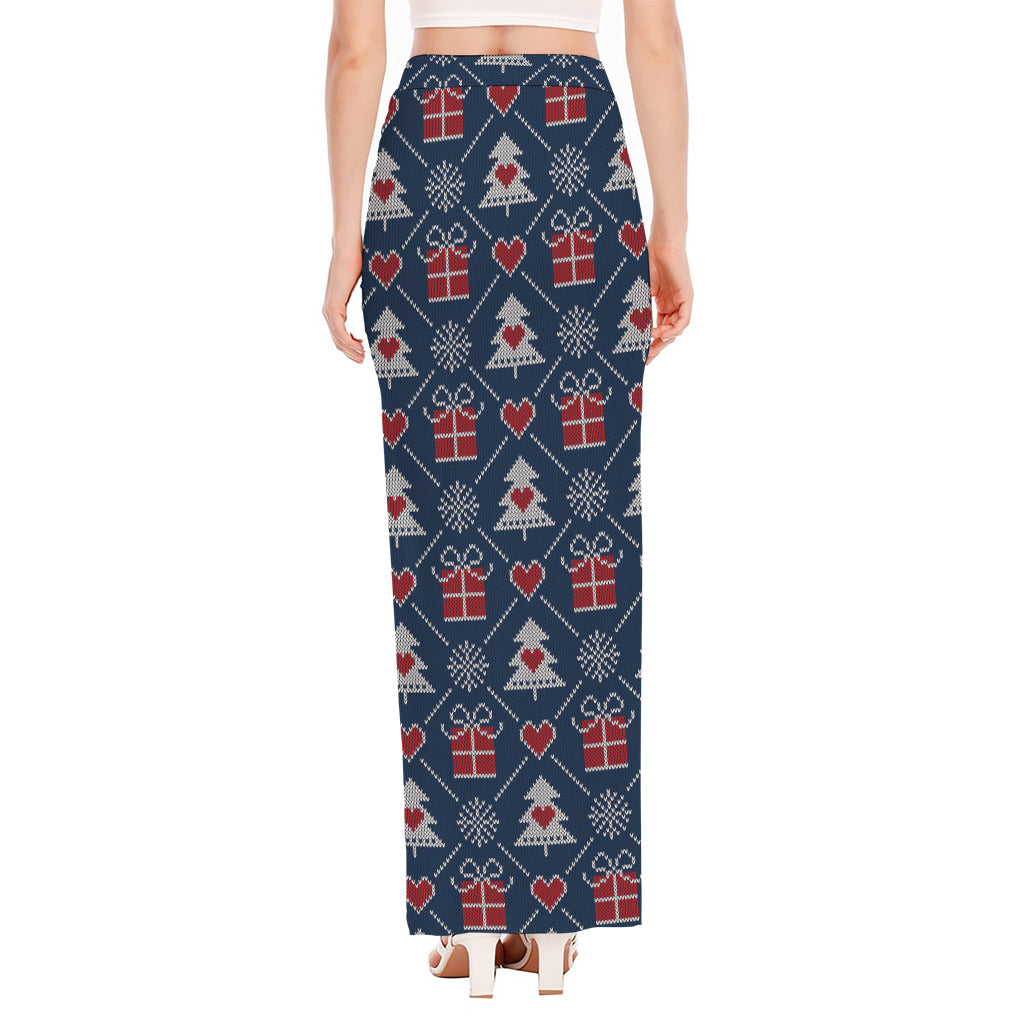 Christmas Gift Knitted Pattern Print High Slit Maxi Skirt