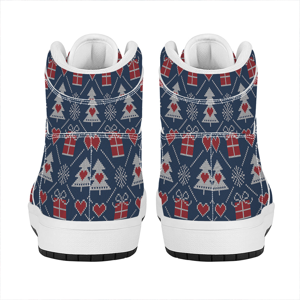 Christmas Gift Knitted Pattern Print High Top Leather Sneakers