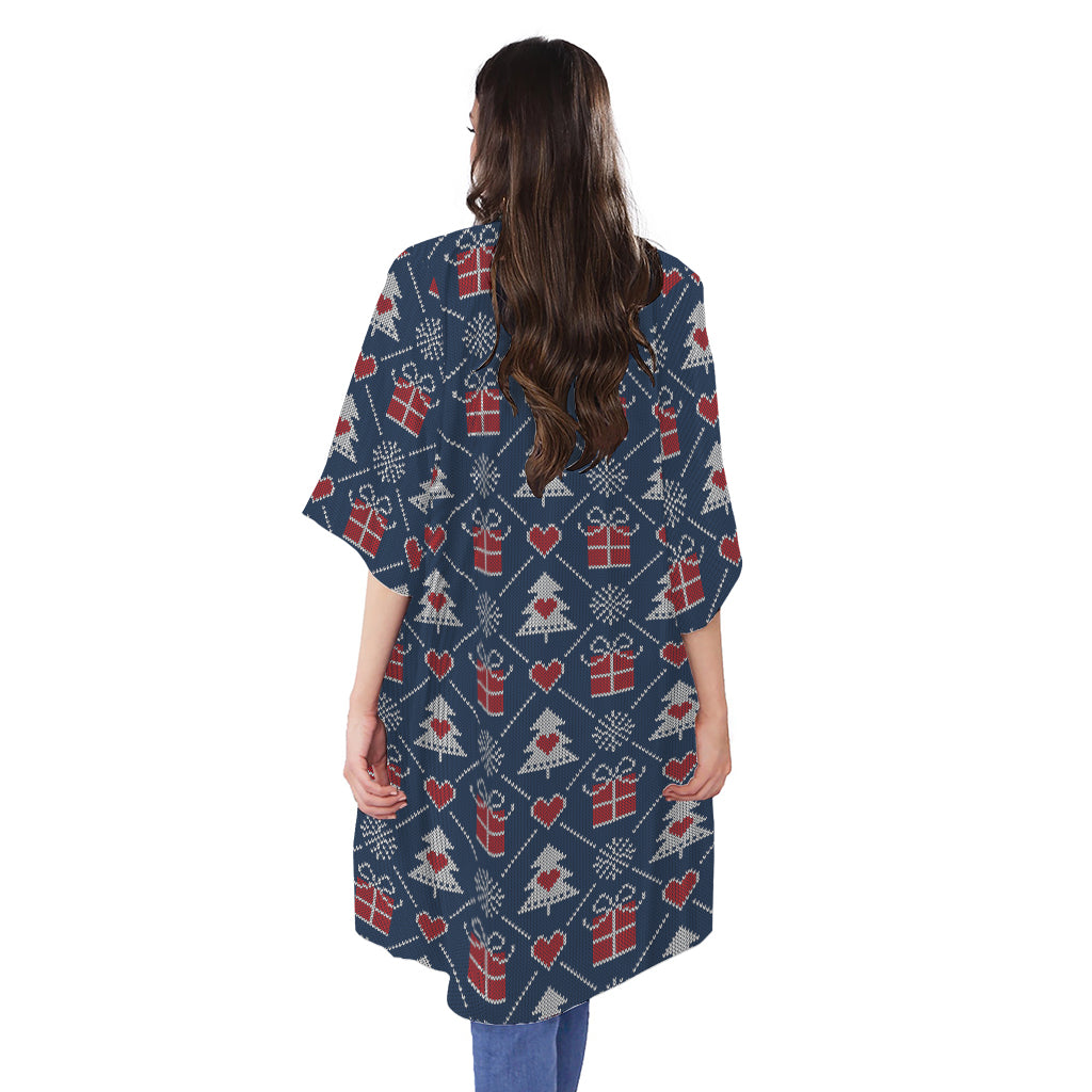 Christmas Gift Knitted Pattern Print Open Front Beach Cover Up