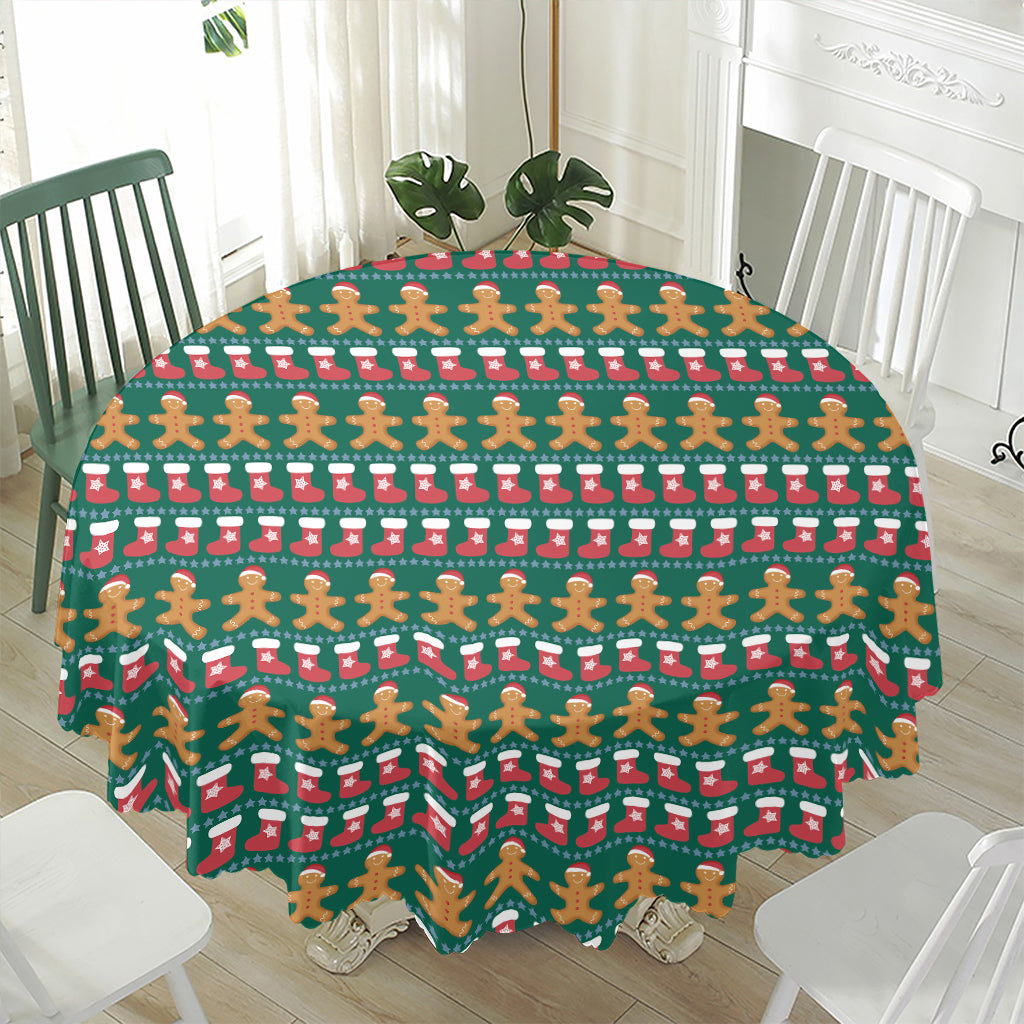 Christmas Gingerbread Man Pattern Print Waterproof Round Tablecloth