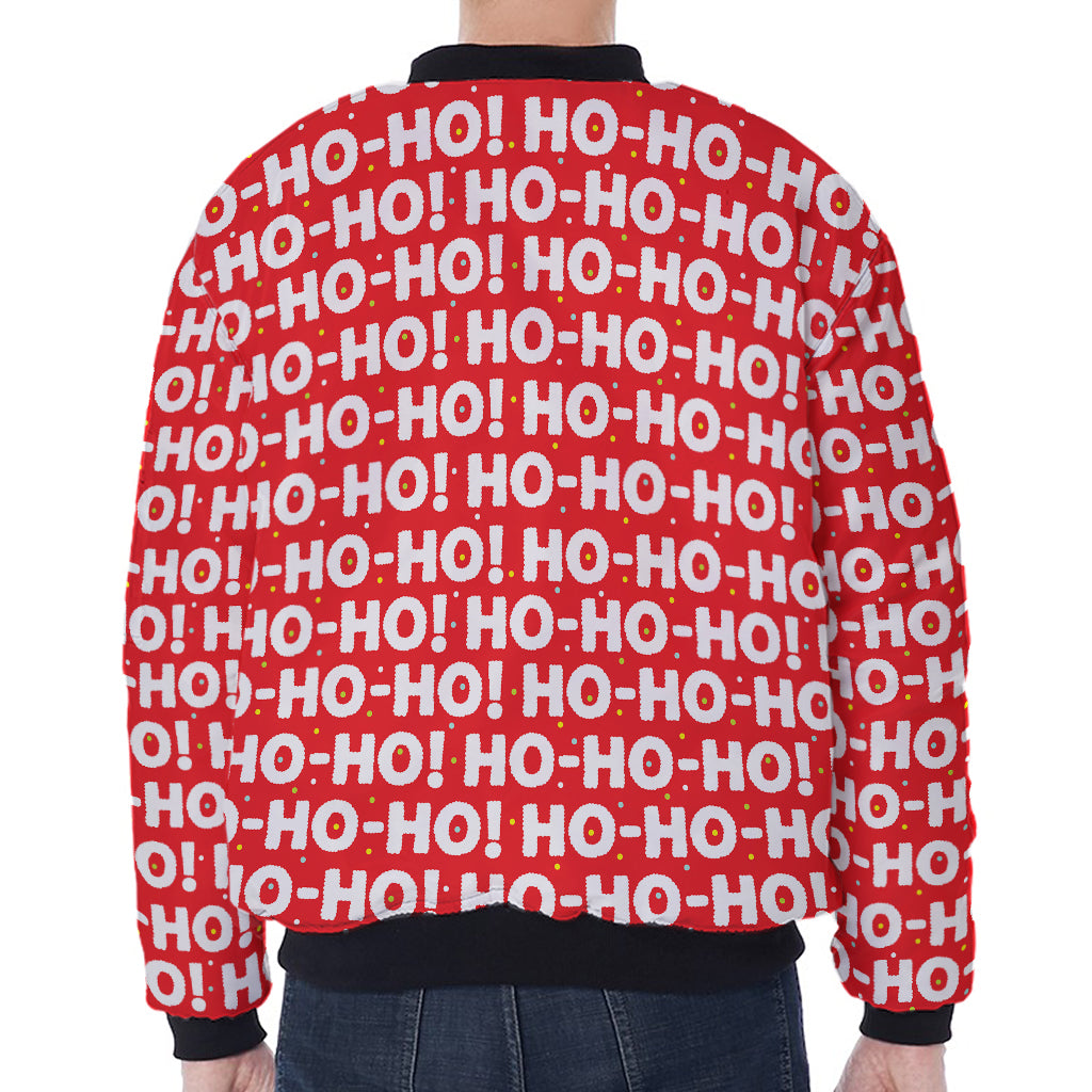 Christmas Ho Ho Ho Pattern Print Zip Sleeve Bomber Jacket